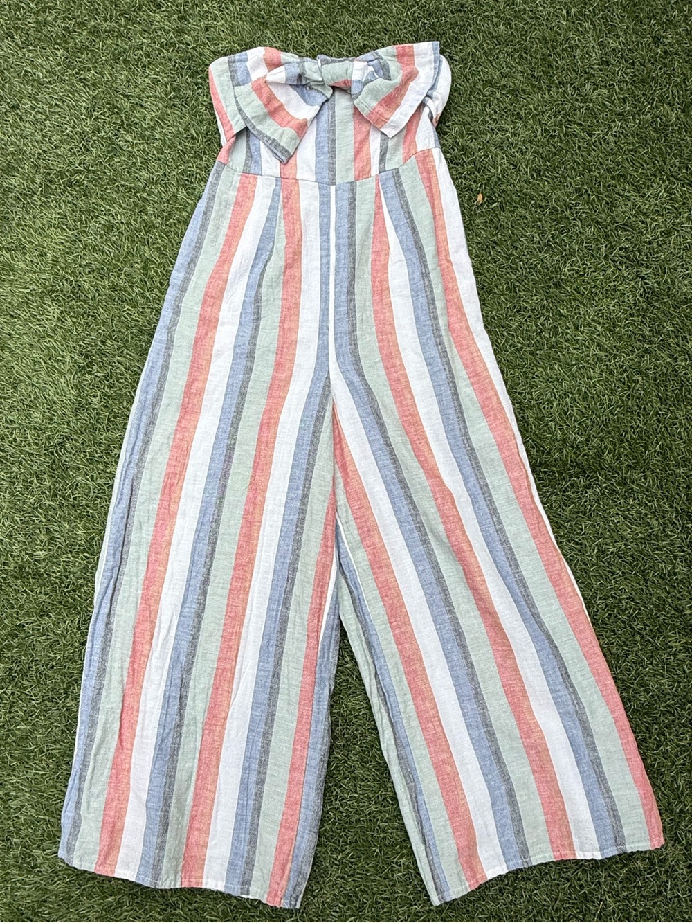 American Eagle Women’s Strapless Linen Blend Wide Leg Jumpsuit Bow Front Size S